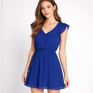 2/$30 Giani Bini Royal Blue Flutter‎ Sleeve Chiffon Fit & Flare Dress S